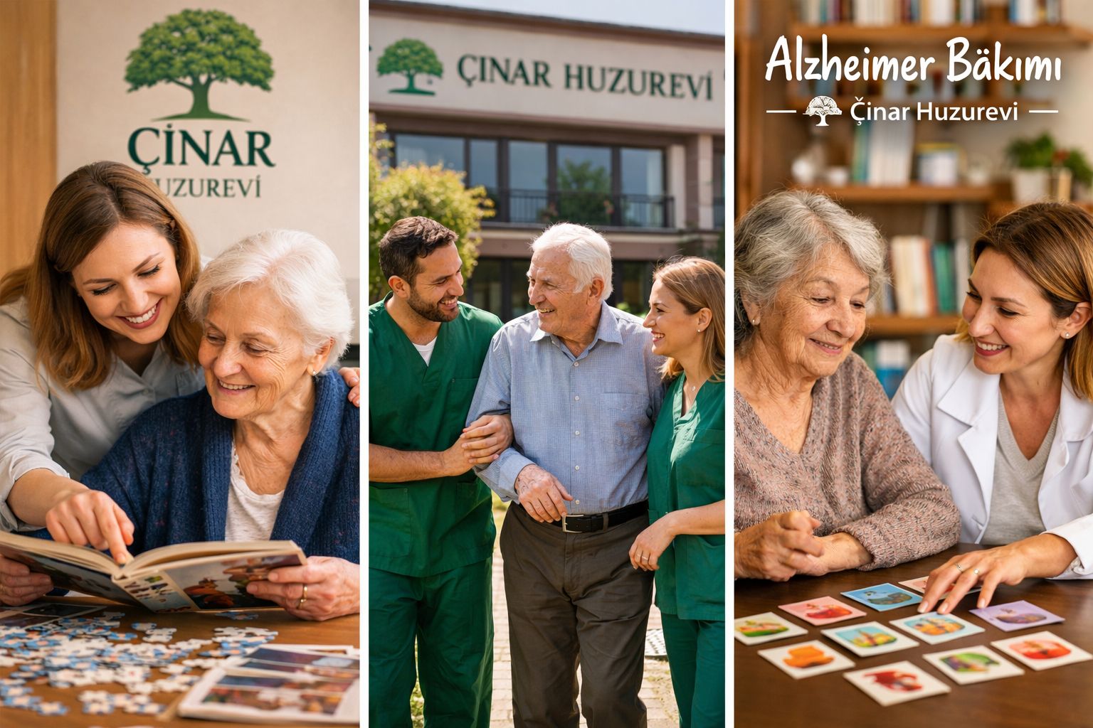 Çınar Huzurevi’nde Alzheimer bakımı gören yaşlı bireyler, güler yüzlü personel eşliğinde kitap, hafıza oyunları ve yürüyüş aktiviteleri yapıyor